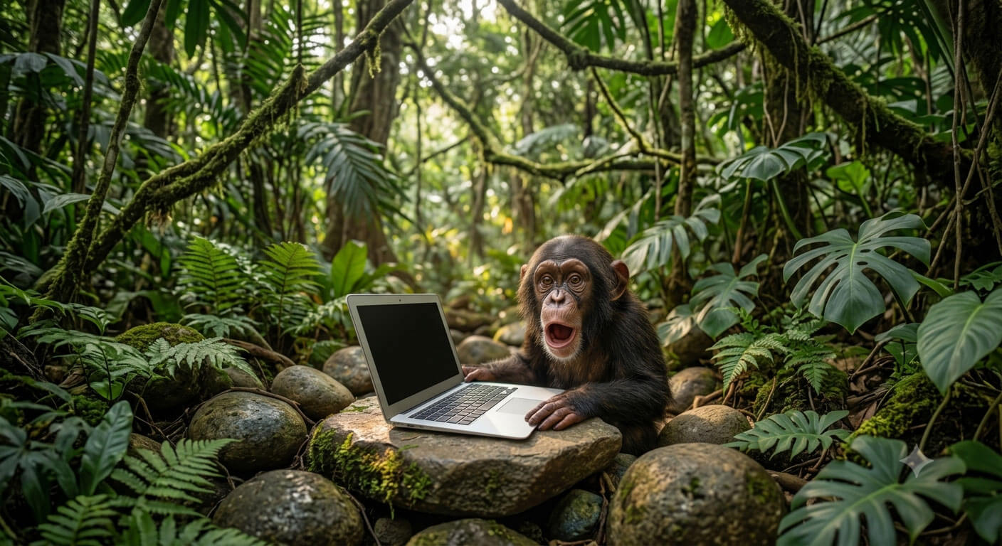 Ein junger Schimpanse sitzt mit überraschtem Gesichtsausdruck vor einem aufgeklappten Laptop auf einem moosbewachsenen Stein im Dschungel. Symbol für individuelle Softwarelösungen mit KI